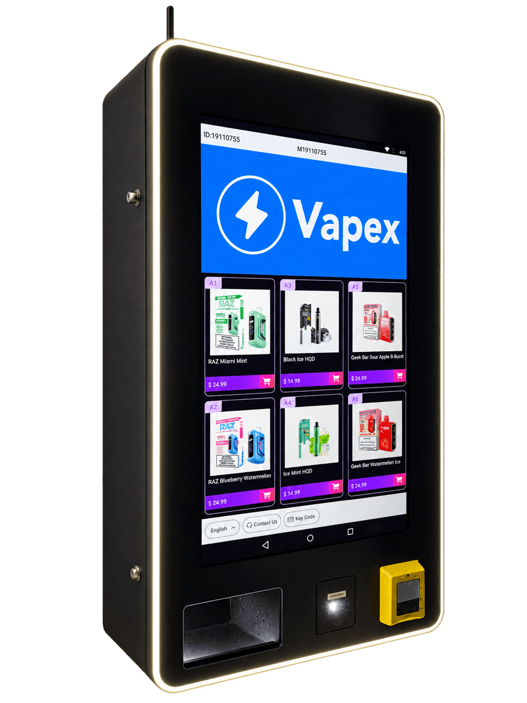 VAPEX cashless vending machine with illuminated display